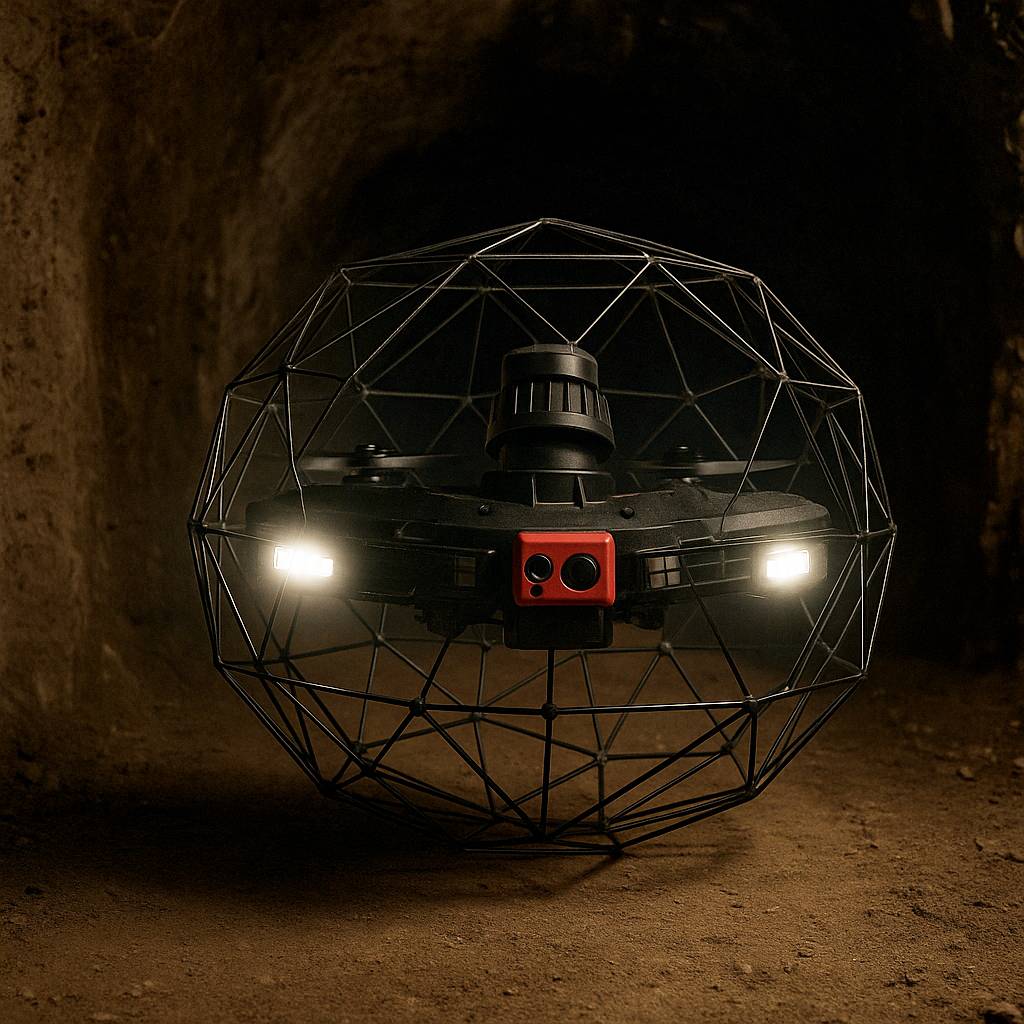Dron w kopalni przesyłający dane do lokalnego serwera z modelem AI (Edge Computing)