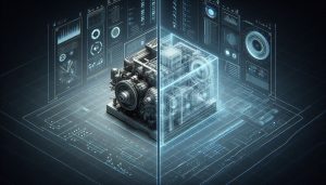 A conceptual illustration of a Digital Twin. The image is divided vertically into two symmetrical halves. On the left side: a realistic physical object (an industrial machine or mechanical system), shown in neutral lighting, with visible materials and structure. On the right side: its digital twin represented as a semi-transparent holographic model, wireframe structure, and data overlays. Floating parameters, charts, numeric values, sensor signals, and system indicators surround the digital model.